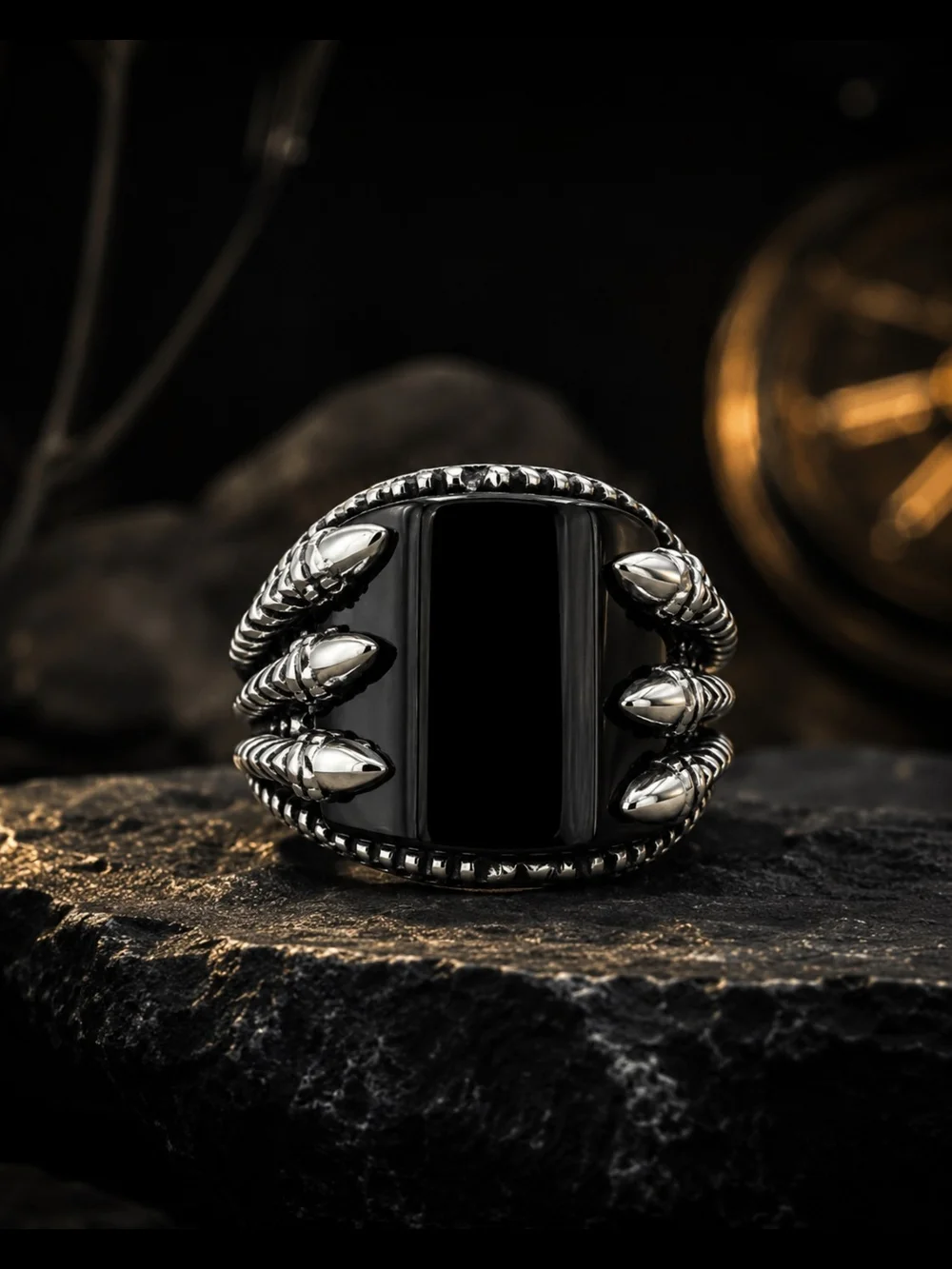 Men's Black Onyx Silver Snake-Accent Statement Ring Size 8